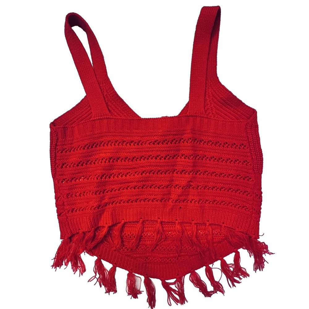 Cropped Crocheted Knit Sweater Women's Small 3/5 Fringe Tassels‎ Tank Top